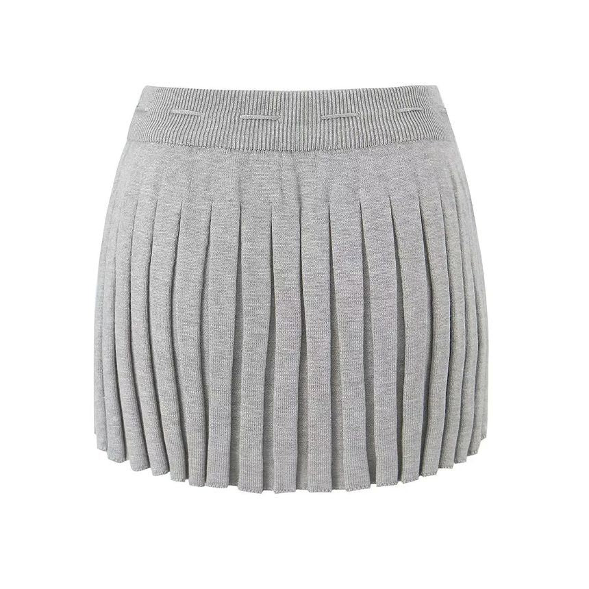 Drawstring Waist Solid Pleated Knit A-Line Mini Skirt