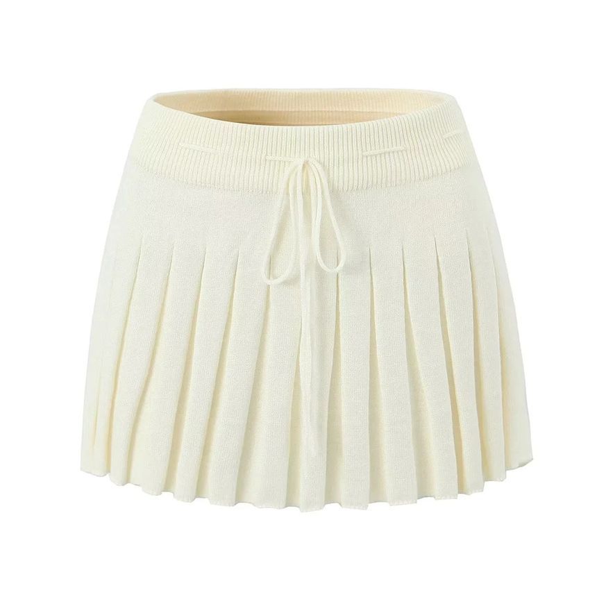 Drawstring Waist Solid Pleated Knit A-Line Mini Skirt