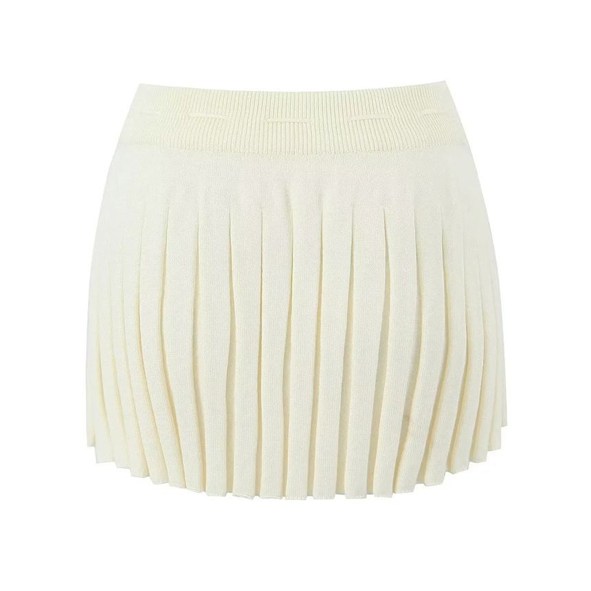 Drawstring Waist Solid Pleated Knit A-Line Mini Skirt