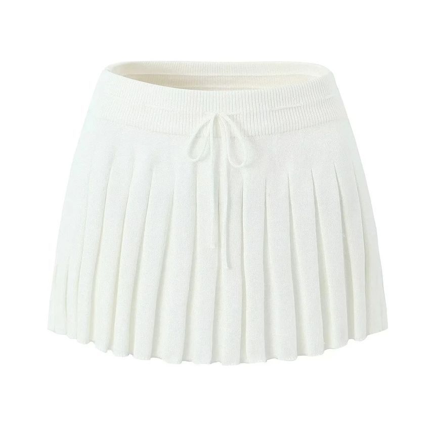Drawstring Waist Solid Pleated Knit A-Line Mini Skirt