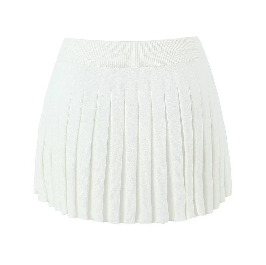 Drawstring Waist Solid Pleated Knit A-Line Mini Skirt