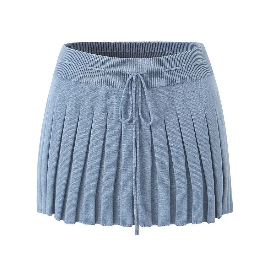 Drawstring Waist Solid Pleated Knit A-Line Mini Skirt