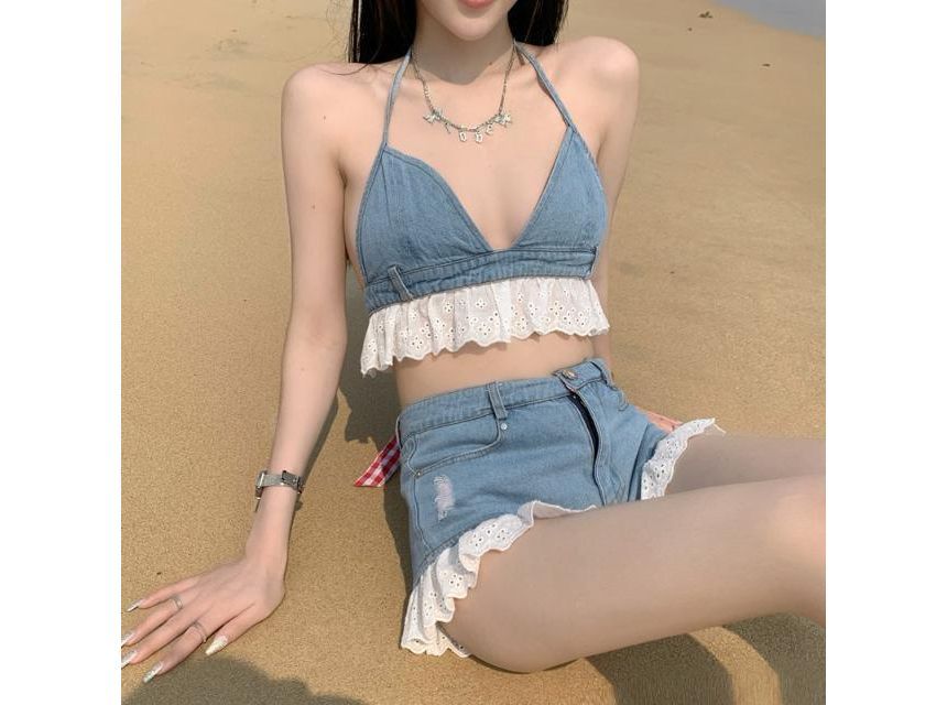 Halter Denim Bralette with High-Waist Distressed Shorts Set