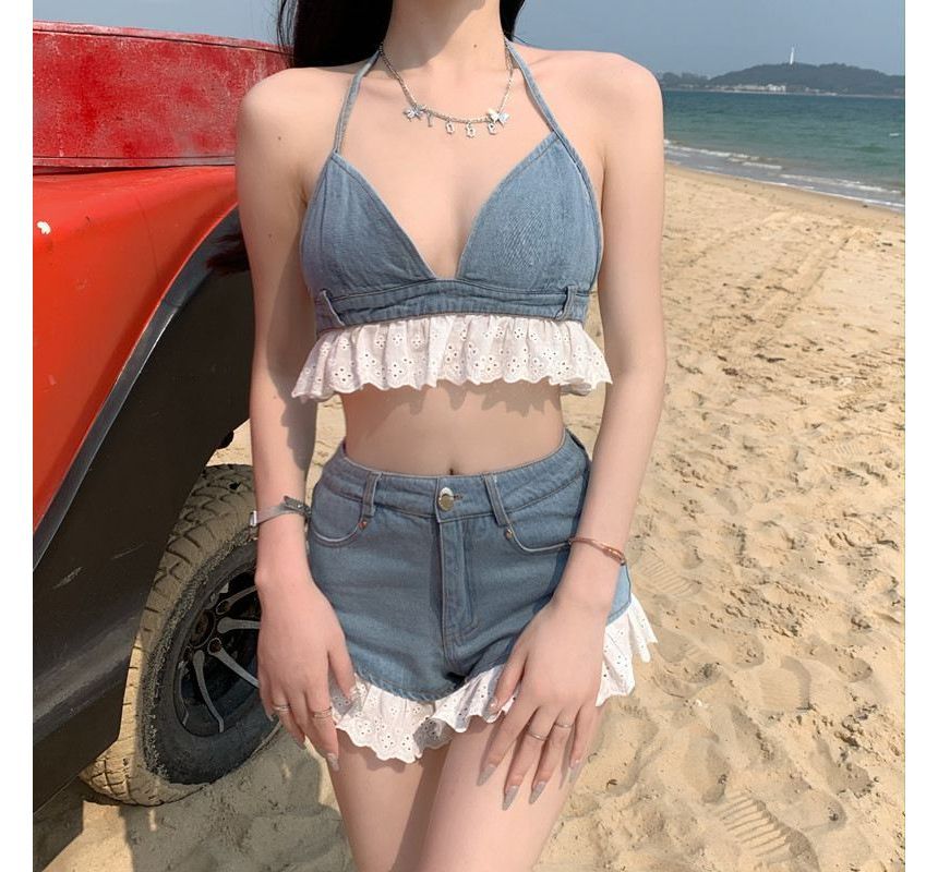 Halter Denim Bralette with High-Waist Distressed Shorts Set