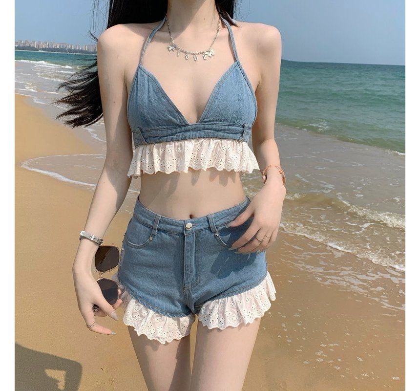 Halter Denim Bralette with High-Waist Distressed Shorts Set