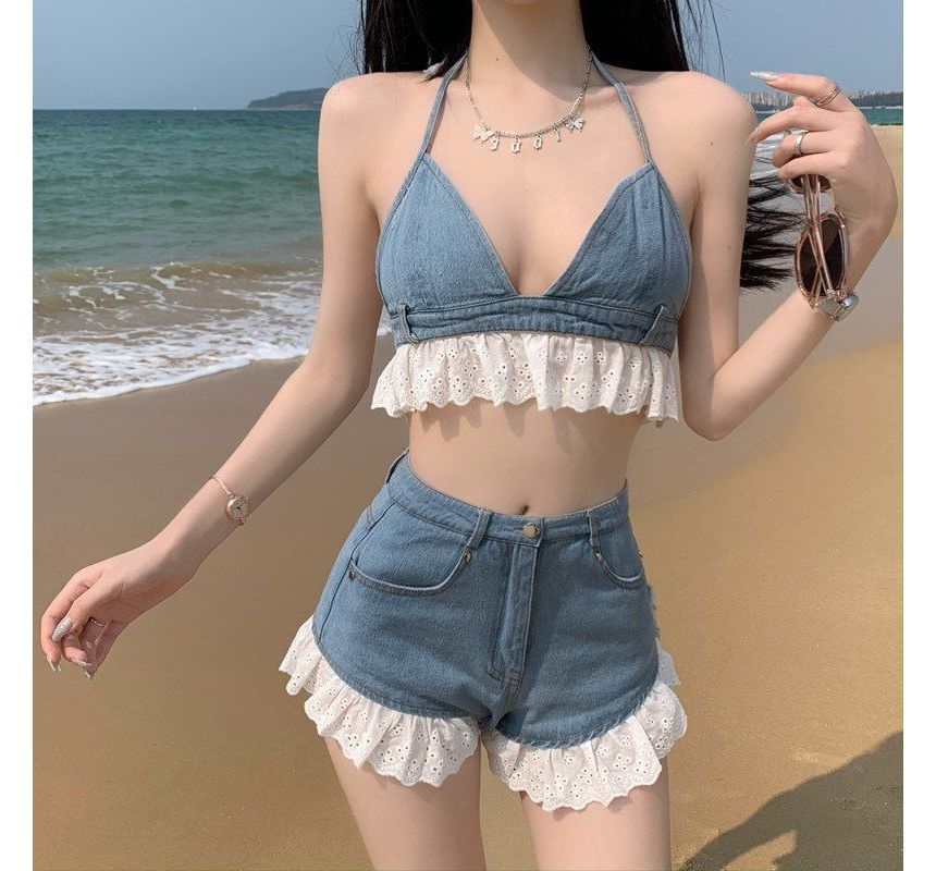 Halter Denim Bralette with High-Waist Distressed Shorts Set