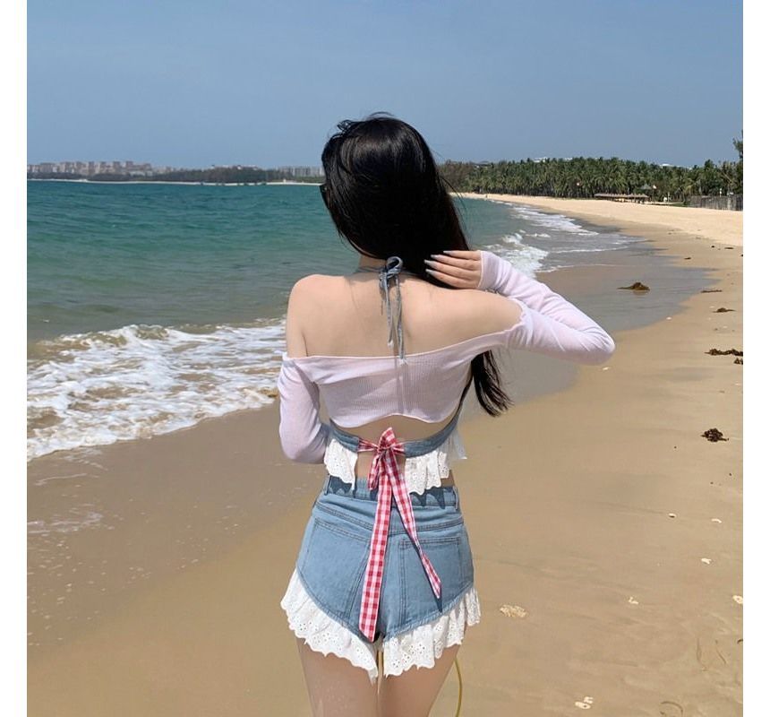 Halter Denim Bralette with High-Waist Distressed Shorts Set