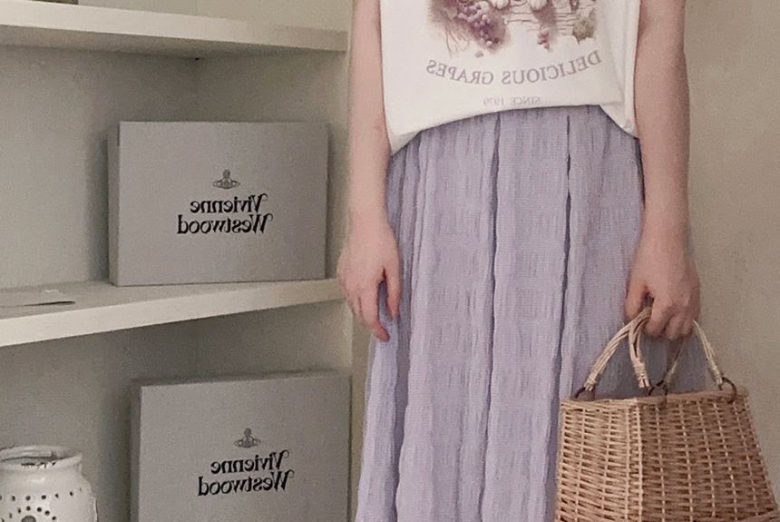 Elevated Rise Plaid Shirred A-Line Midi Skirt