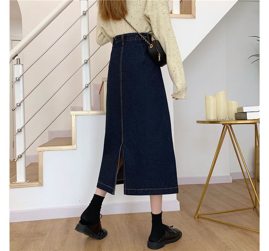 Elevated Waist A-Line Back-Slit Denim Midi Skirt