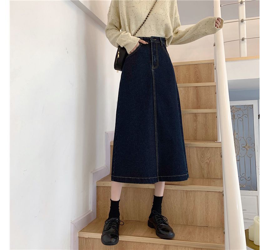 Elevated Waist A-Line Back-Slit Denim Midi Skirt
