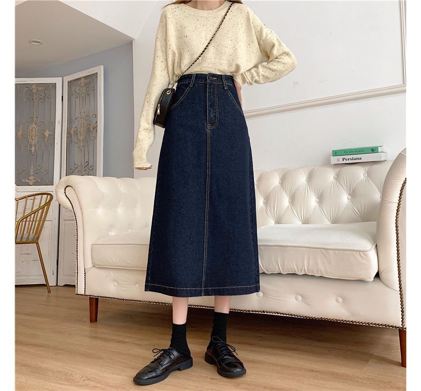 Elevated Waist A-Line Back-Slit Denim Midi Skirt