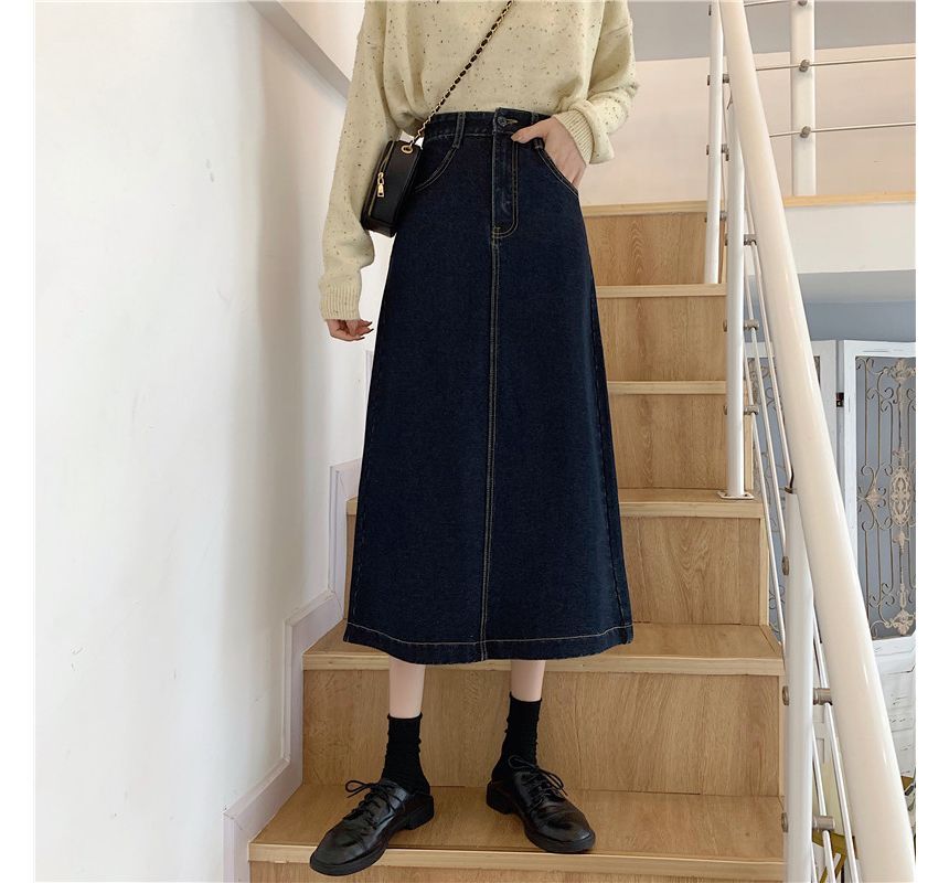 Elevated Waist A-Line Back-Slit Denim Midi Skirt