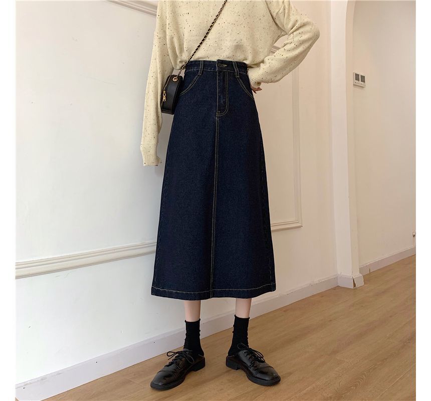 Elevated Waist A-Line Back-Slit Denim Midi Skirt