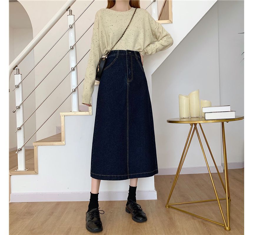 Elevated Waist A-Line Back-Slit Denim Midi Skirt