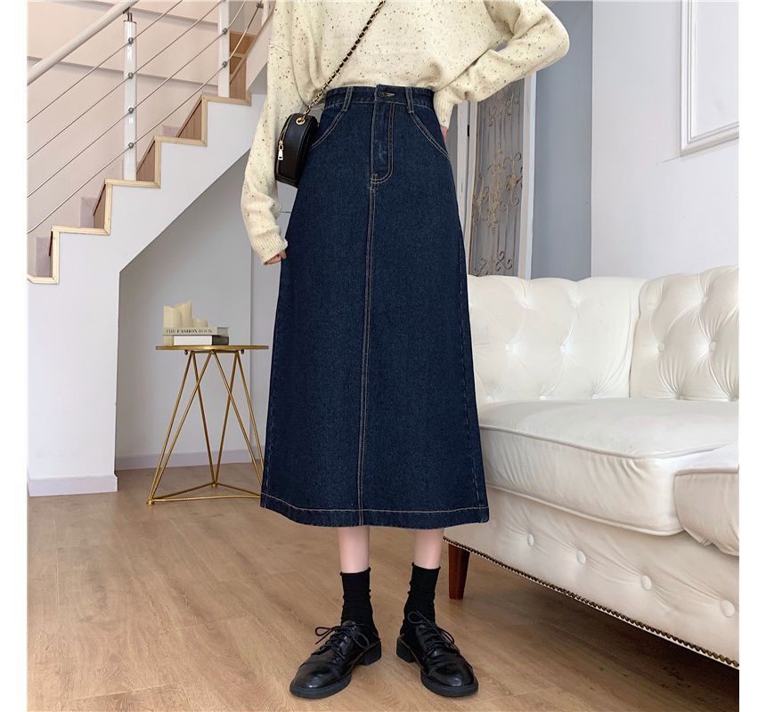 Elevated Waist A-Line Back-Slit Denim Midi Skirt