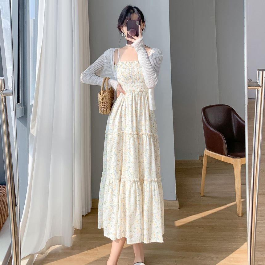 Solid Cardigan / Thin Strap Floral Print Midi A-Line Dress