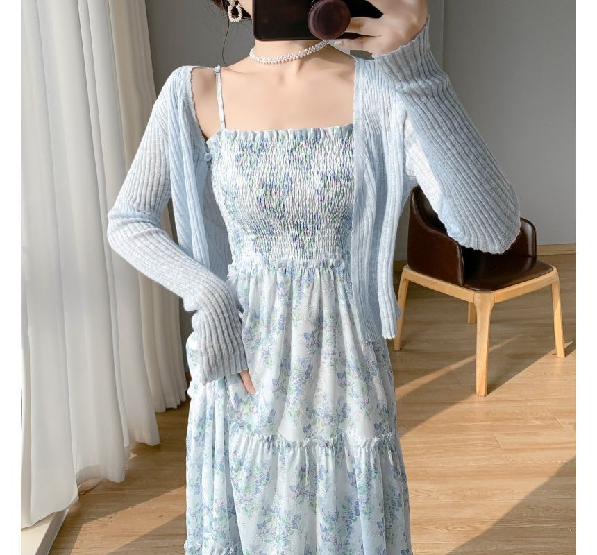 Solid Cardigan / Thin Strap Floral Print Midi A-Line Dress