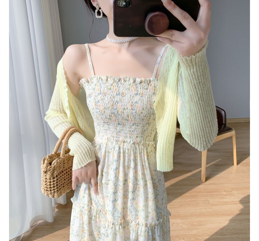 Solid Cardigan / Thin Strap Floral Print Midi A-Line Dress