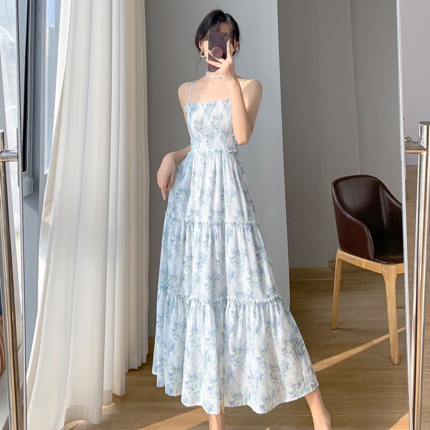 Solid Cardigan / Thin Strap Floral Print Midi A-Line Dress