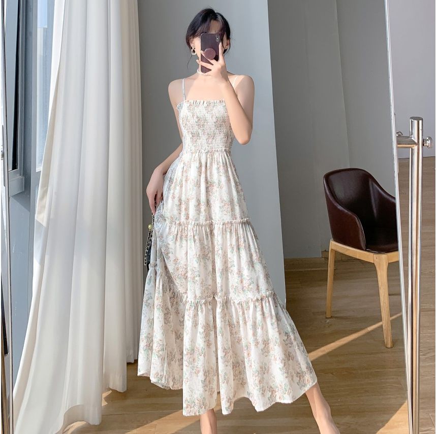 Solid Cardigan / Thin Strap Floral Print Midi A-Line Dress