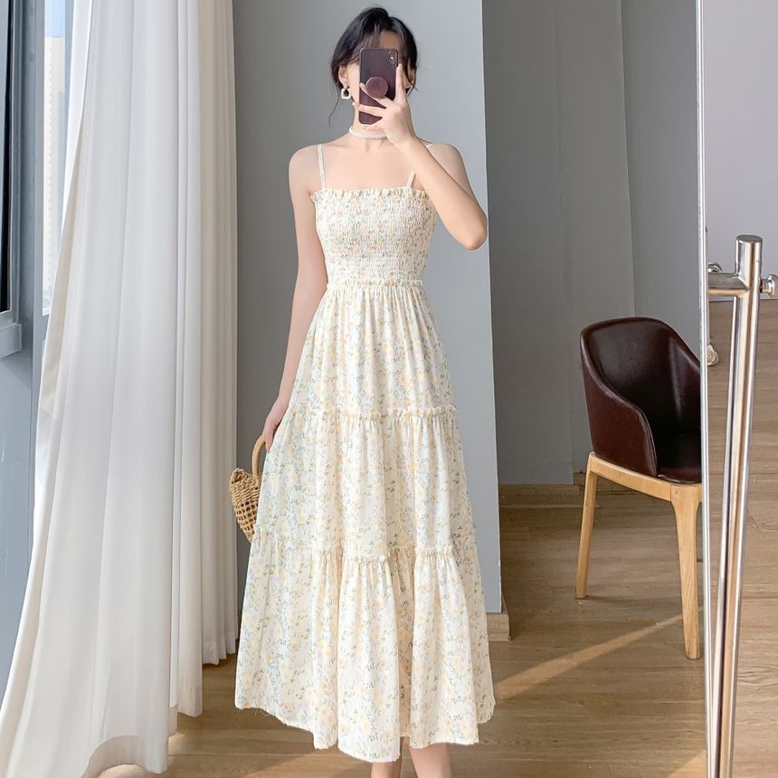 Solid Cardigan / Thin Strap Floral Print Midi A-Line Dress