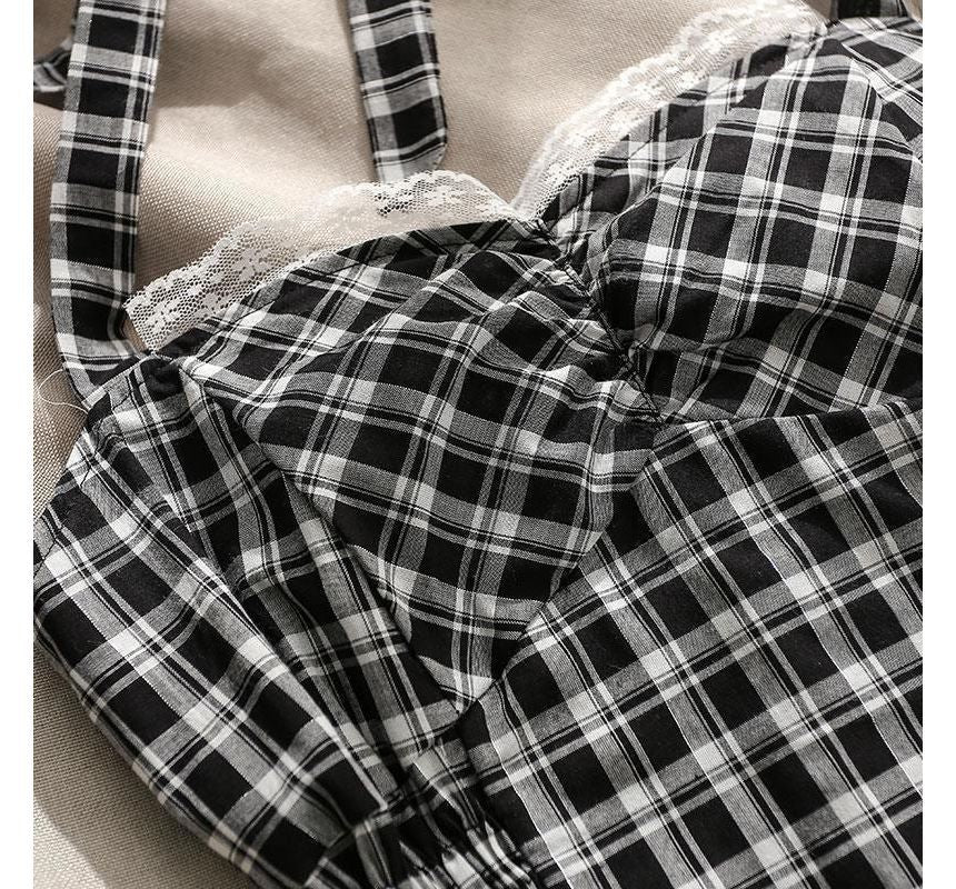Halter Plaid Smocked Lace-Trim Crop Top