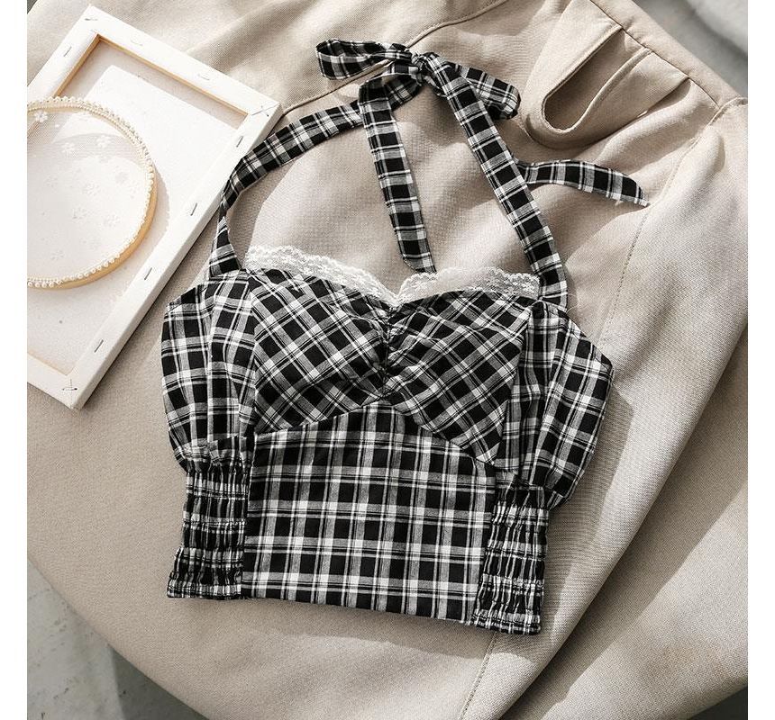 Halter Plaid Smocked Lace-Trim Crop Top
