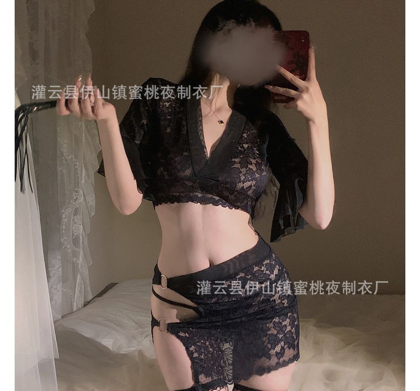 Lace Panel Crop Top with Cutout Skirt, G-String, Stockings Set