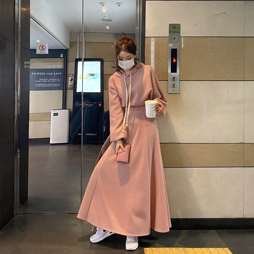 Hoodie and Long A-Line Skirt Casual Two-Piece Set