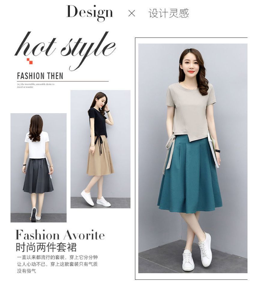 Short-Sleeve Crewneck Tee and Midi A-Line Skirt Outfit Set
