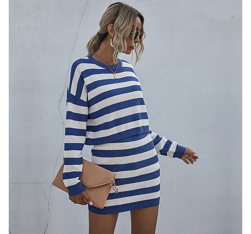 Striped Crewneck Knit Top Paired with High-Rise Pencil Skirt Set