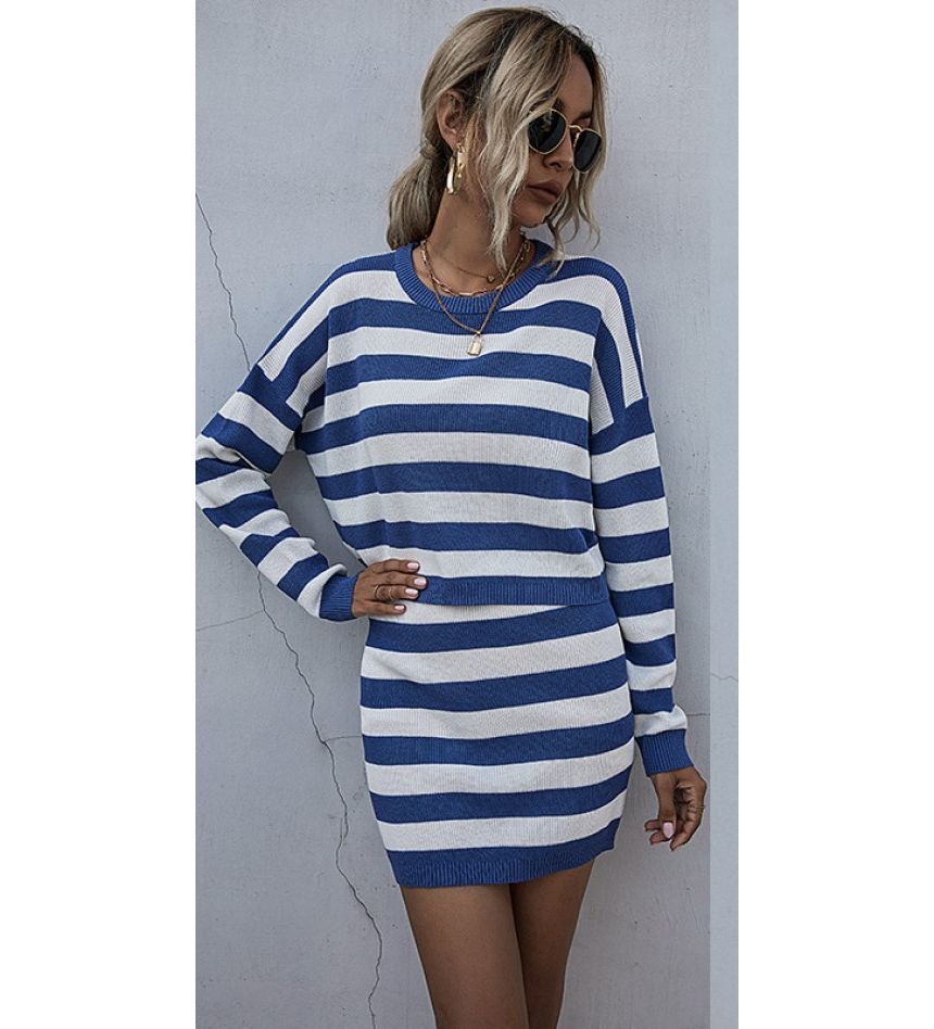 Striped Crewneck Knit Top Paired with High-Rise Pencil Skirt Set