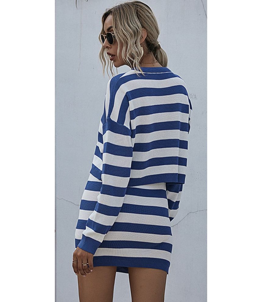 Striped Crewneck Knit Top Paired with High-Rise Pencil Skirt Set