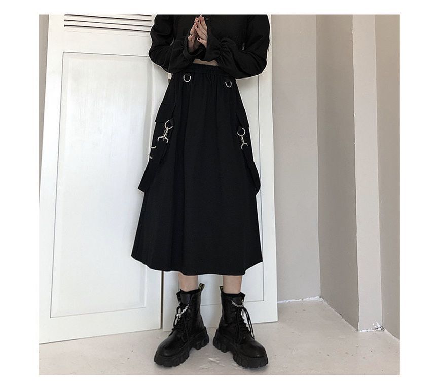 Punk Elevated Rise Solid Suspender Cargo A-Line Midi Skirt