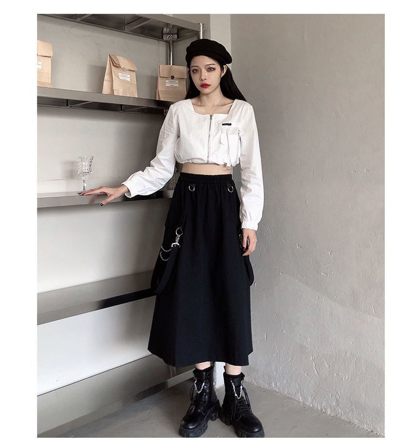 Punk Elevated Rise Solid Suspender Cargo A-Line Midi Skirt