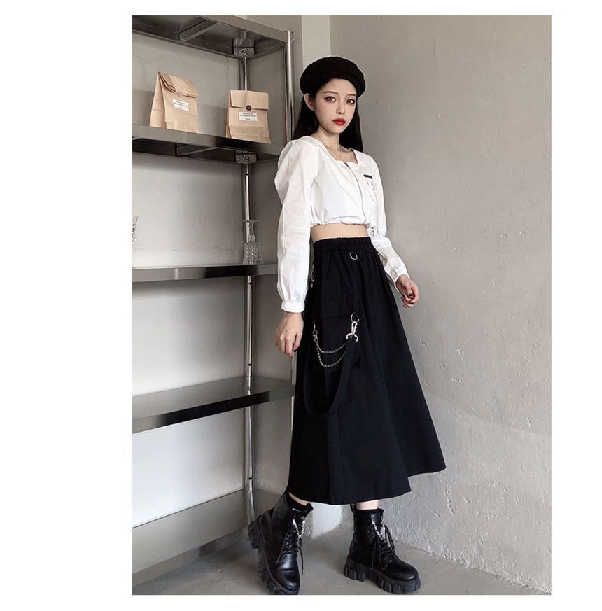 Punk Elevated Rise Solid Suspender Cargo A-Line Midi Skirt