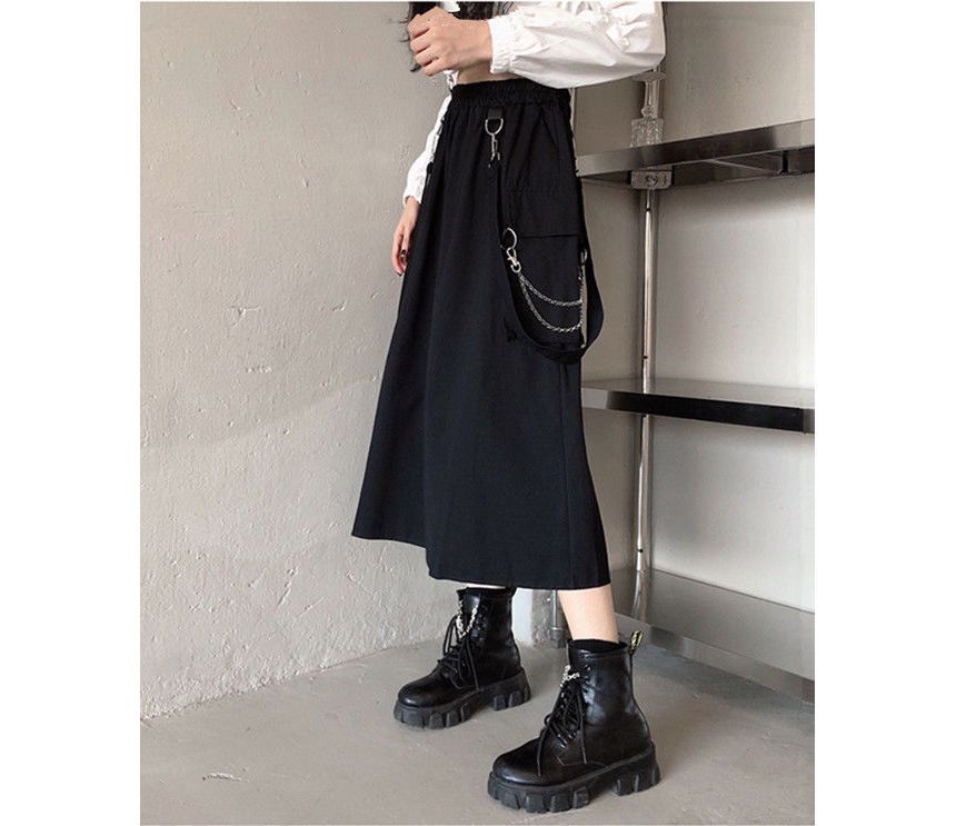 Punk Elevated Rise Solid Suspender Cargo A-Line Midi Skirt