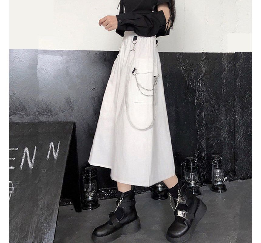 Punk Elevated Rise Solid Suspender Cargo A-Line Midi Skirt