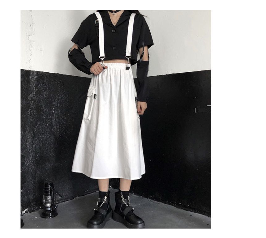 Punk Elevated Rise Solid Suspender Cargo A-Line Midi Skirt