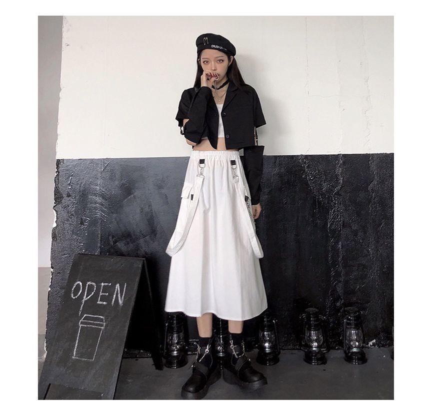 Punk Elevated Rise Solid Suspender Cargo A-Line Midi Skirt