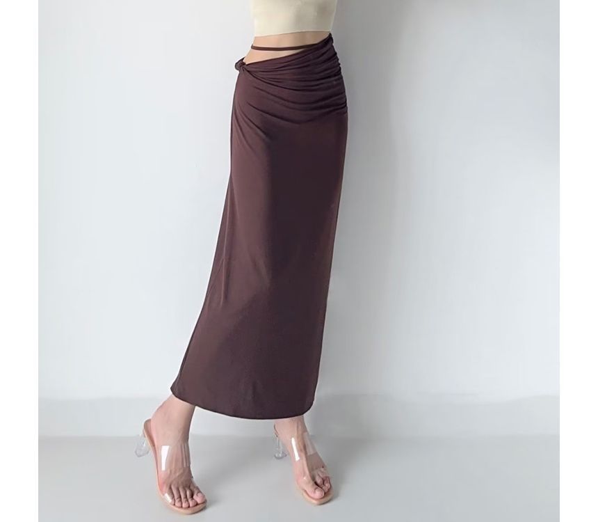 Elevated Rise Solid Asymmetric H-Line Maxi Skirt