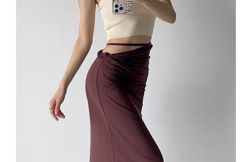 Elevated Rise Solid Asymmetric H-Line Maxi Skirt