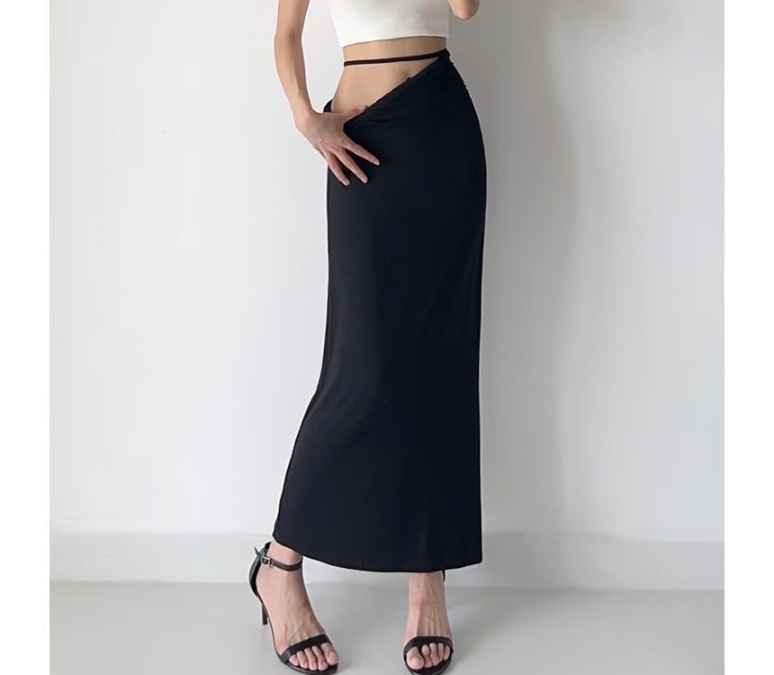 Elevated Rise Solid Asymmetric H-Line Maxi Skirt