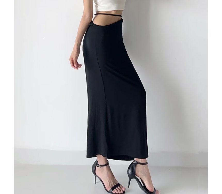 Elevated Rise Solid Asymmetric H-Line Maxi Skirt