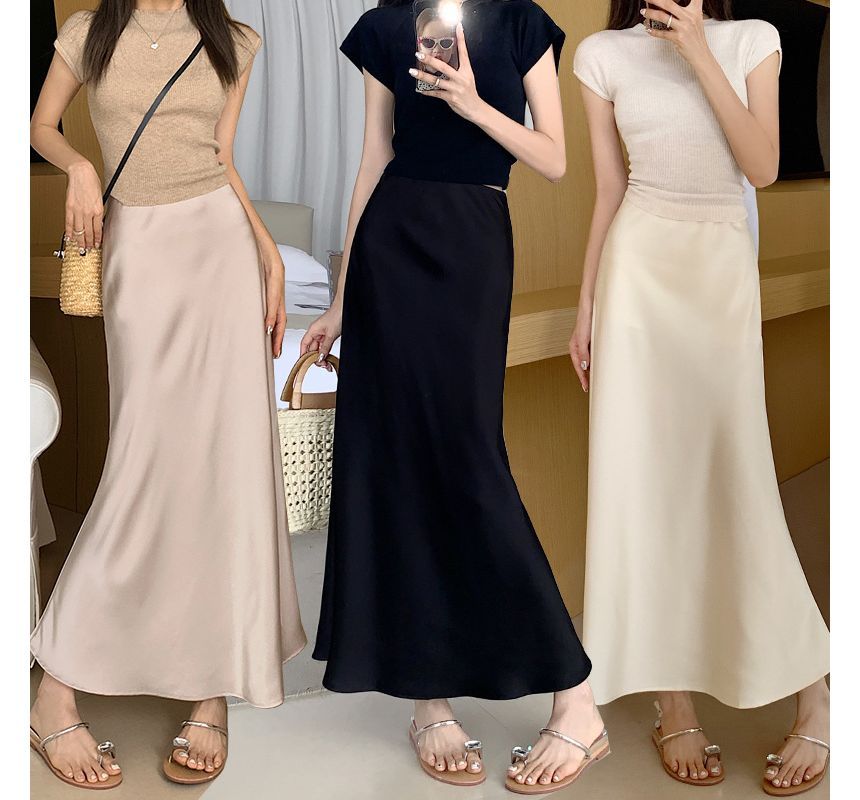 Elevated Waistline Solid Color Long Fish-Tail Midi Skirt