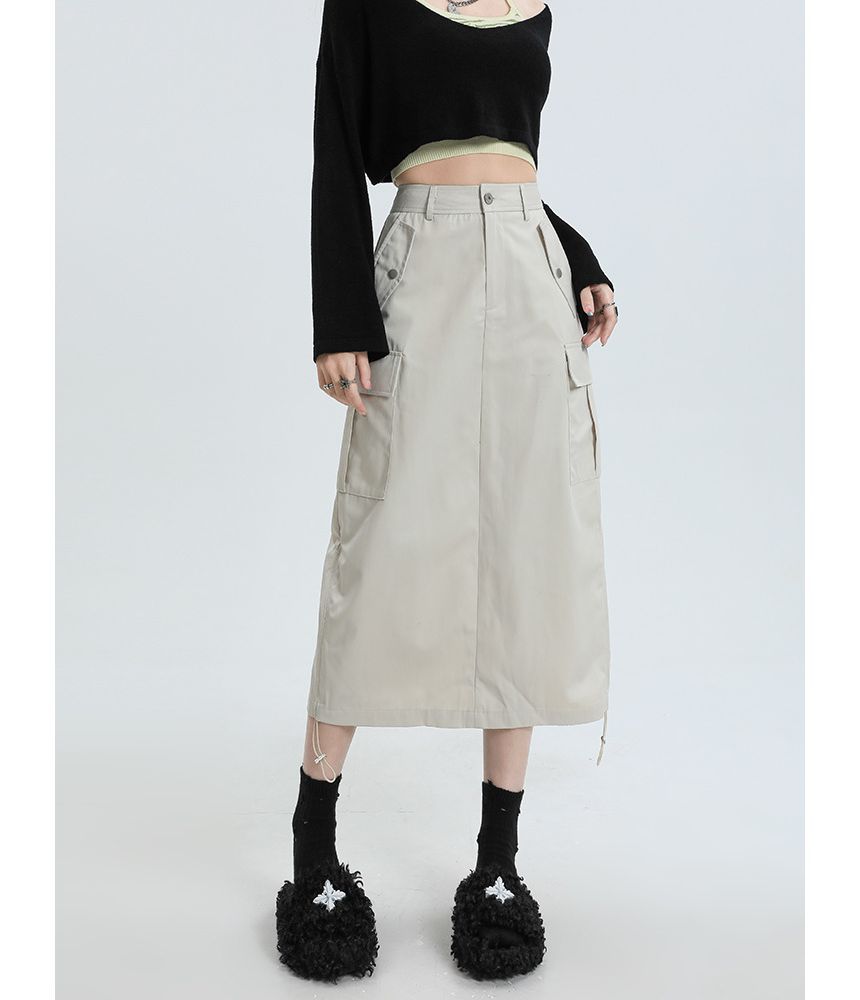 Elevated Rise Solid Drawstring Cargo A-Line Midi Skirt