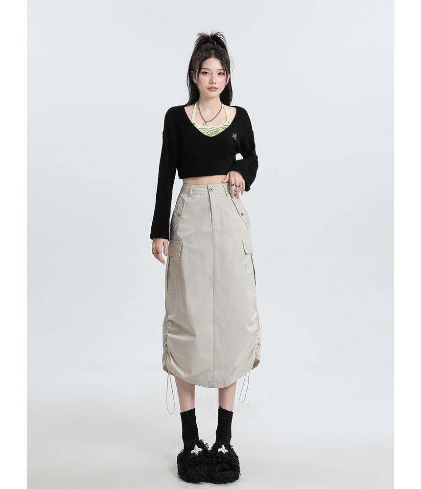 Elevated Rise Solid Drawstring Cargo A-Line Midi Skirt