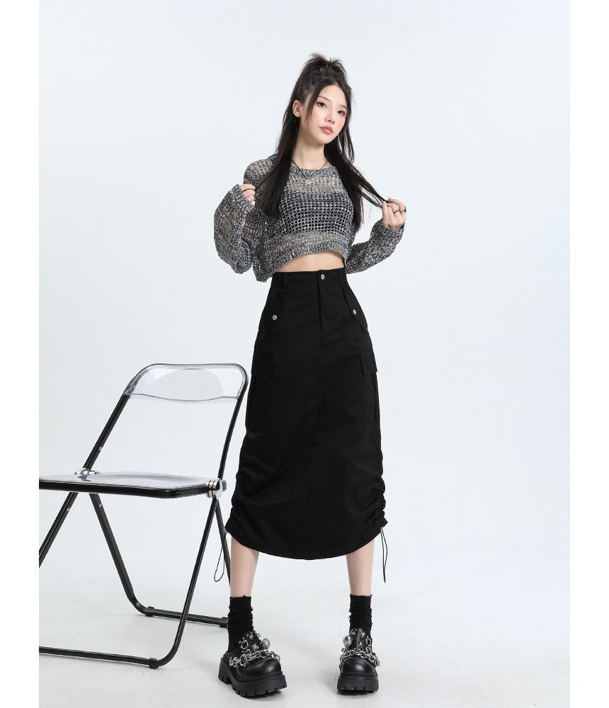 Elevated Rise Solid Drawstring Cargo A-Line Midi Skirt