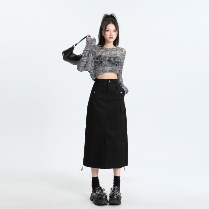 Elevated Rise Solid Drawstring Cargo A-Line Midi Skirt