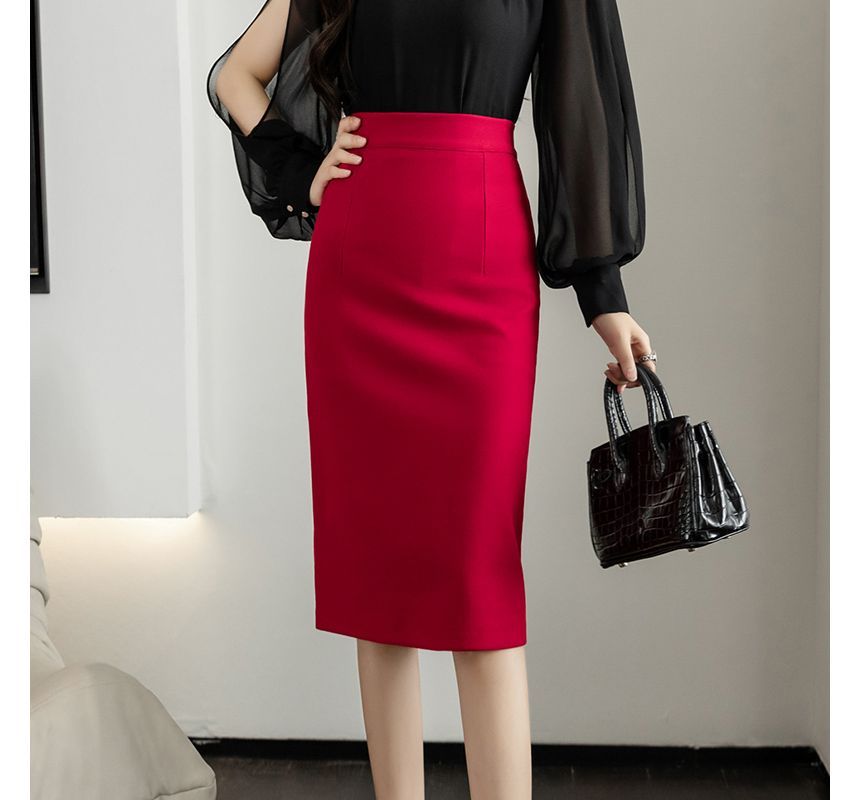 Elevated Waist Solid Pencil Midi Skirt